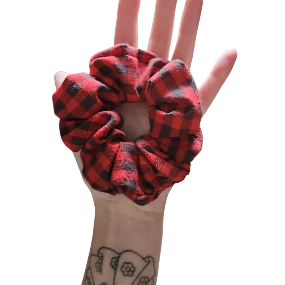 Handmade Red Black Checkered Cotton Scrunchie Fluffy Gingham Holiday Hair Tie